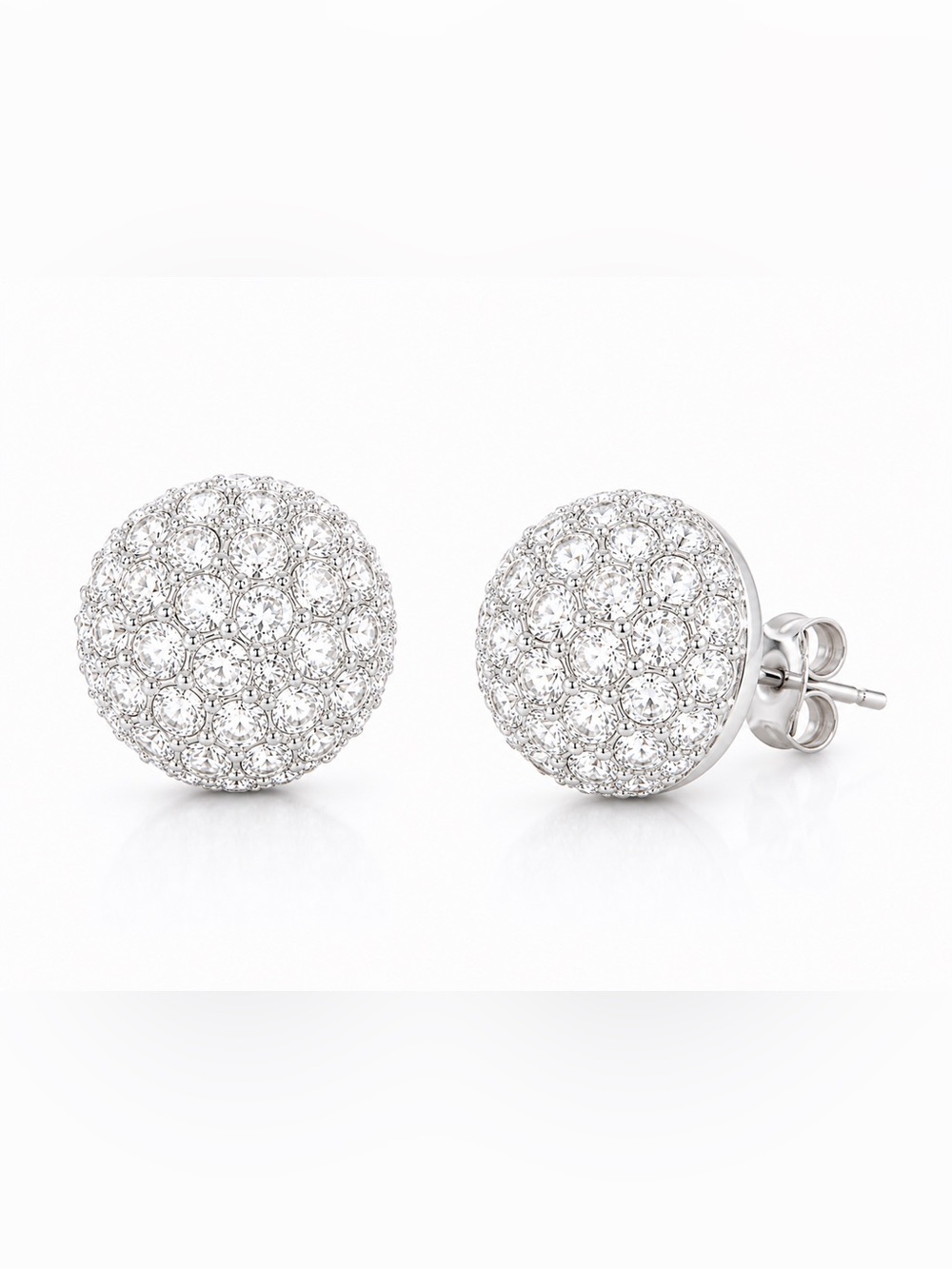 Silver Crystal Pave Stud Dome Earrings Rhinestone Round 0.56”